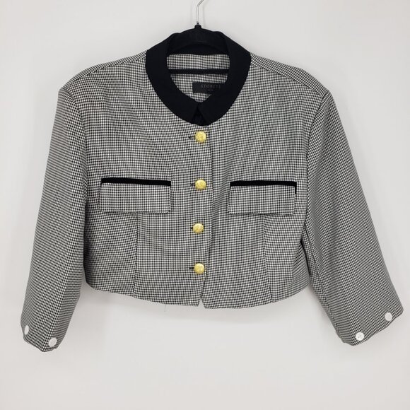Storets Cropped Houndstooth Plaid Blazer Jacket S Womens Button Up Black White - Picture 1 of 9
